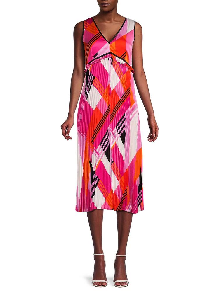 Karl Lagerfeld Paris Women's Abstract Print Accordion Pleat Midi Dress - Fuchsia Cover