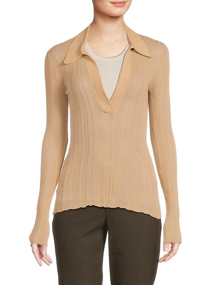 BCBGMAXAZRIA Women's Semi Sheer Johnny Collar Top - Beige Cover