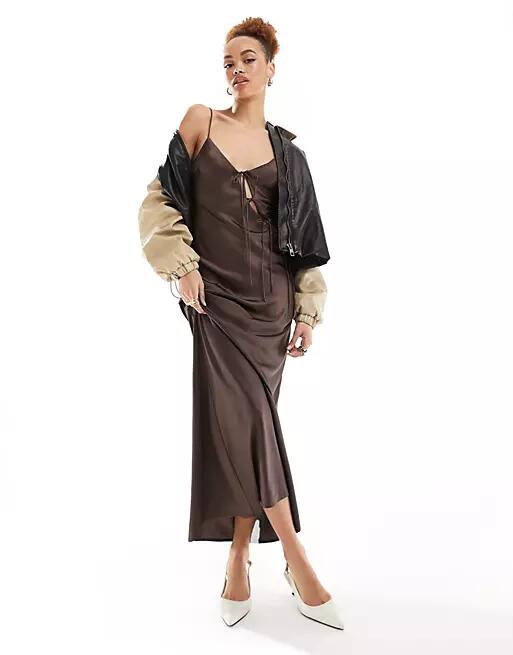 Lioness satin asymmetric tie detail cami maxi dress in brown Cover