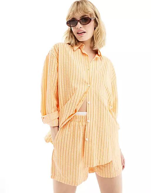 Daisy Street oversized boyfriend shirt in orange textured stripe - part of a set Cover