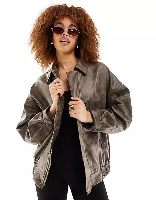 Lioness leather look bomber jacket in distressed brown Cover