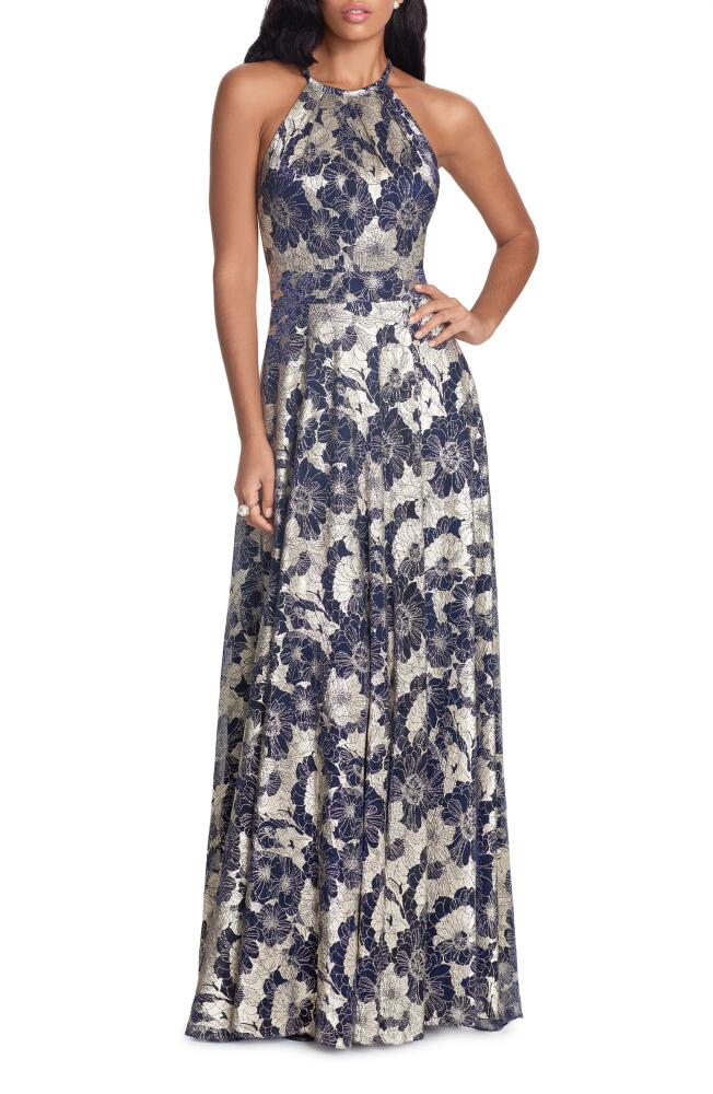 Betsy & Adam Metallic Floral Halter Top Gown in Navy/Gold Cover