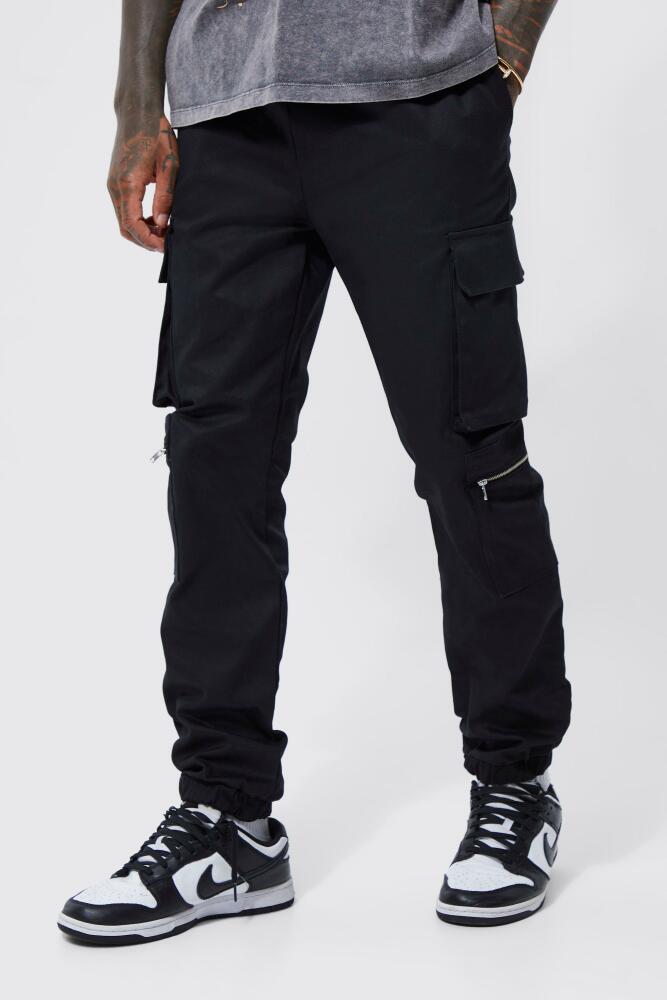 boohoo Mens Elasticated Waist Multi Pocket Zip Cargo Pants - Black Cover