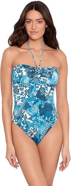 Lauren Ralph Lauren Indigo Patchwork Bandeau Halter One Piece (Multicolor) Women's Swimsuits One Piece Cover