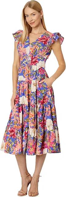 Vince Camuto Floral Smocked Waist Midi (Porcelain Blue) Women's Dress Cover