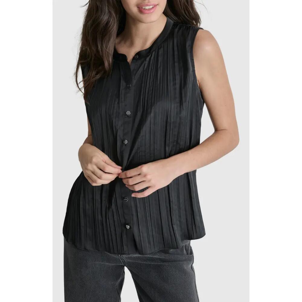 DKNY Pleated Sleeveless Button-Up Shirt in Black Cover