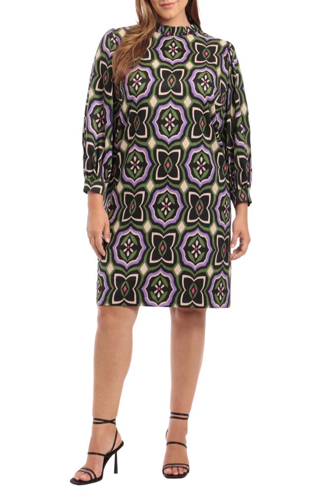 DONNA MORGAN FOR MAGGY Abstract Print Balloon Sleeve Shift Dress in Black/Purple Orchid Cover