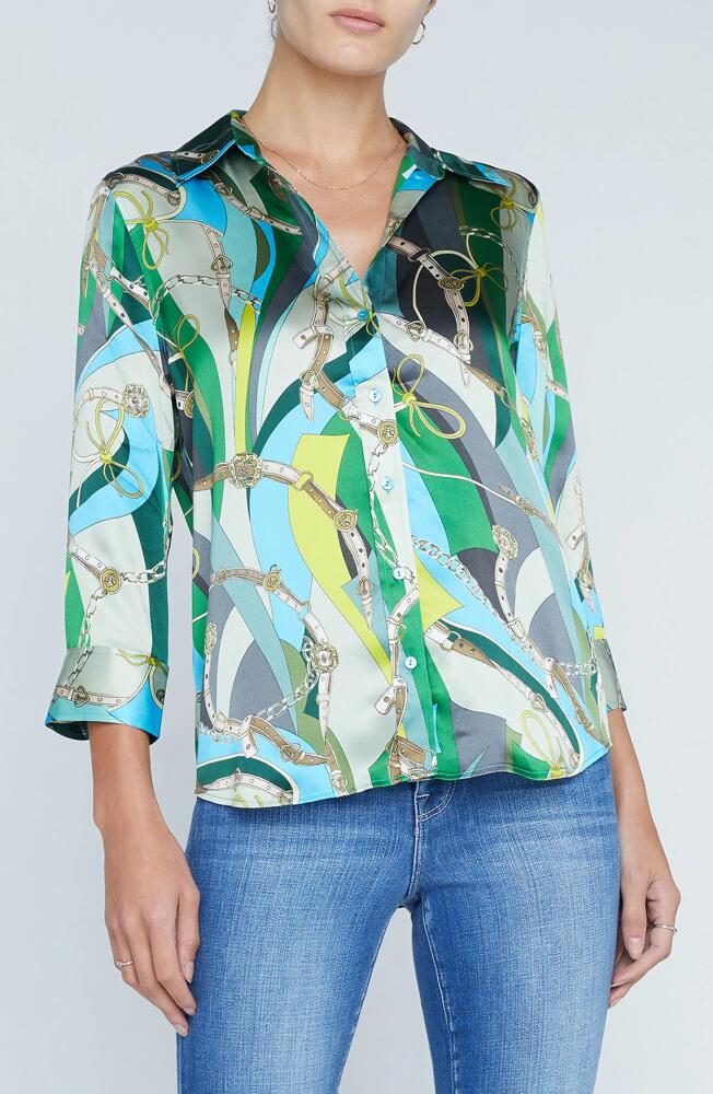 L'AGENCE Dani Mixed Print Silk Button-Up Shirt in Sea Green Multi Belt Swirl Cover