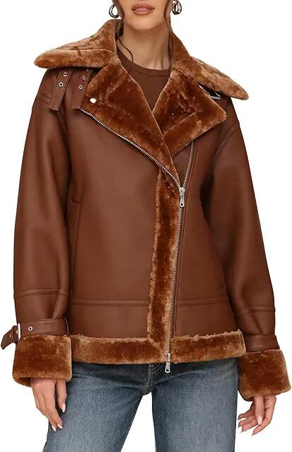 Avec Les Filles Oversized Faux Shearling Moto Coat (Whiskey) Women's Coat Cover