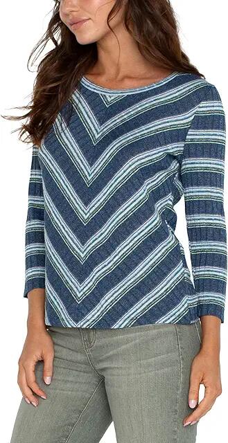 Liverpool Los Angeles 3/4 Slv Miter Front Scoop Neck Rib Knit Top (Blue/Teal Multistripe) Women's Clothing Cover