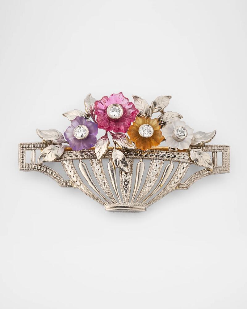 NM Estate Estate Platinum and 14K Gold Carved Mixed-Stone Flower Basket Brooch with Diamonds Cover