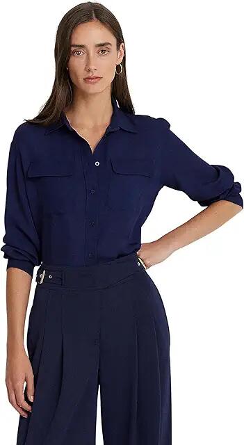 LAUREN Ralph Lauren Crepe de Chine Shirt (Refined Navy) Women's Clothing Cover