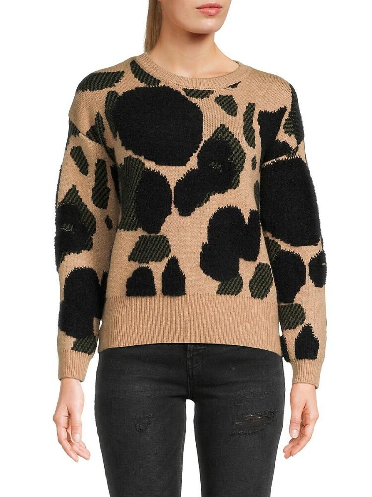 YAL New York Women's Animal Print Sweater - Camel Black Cover