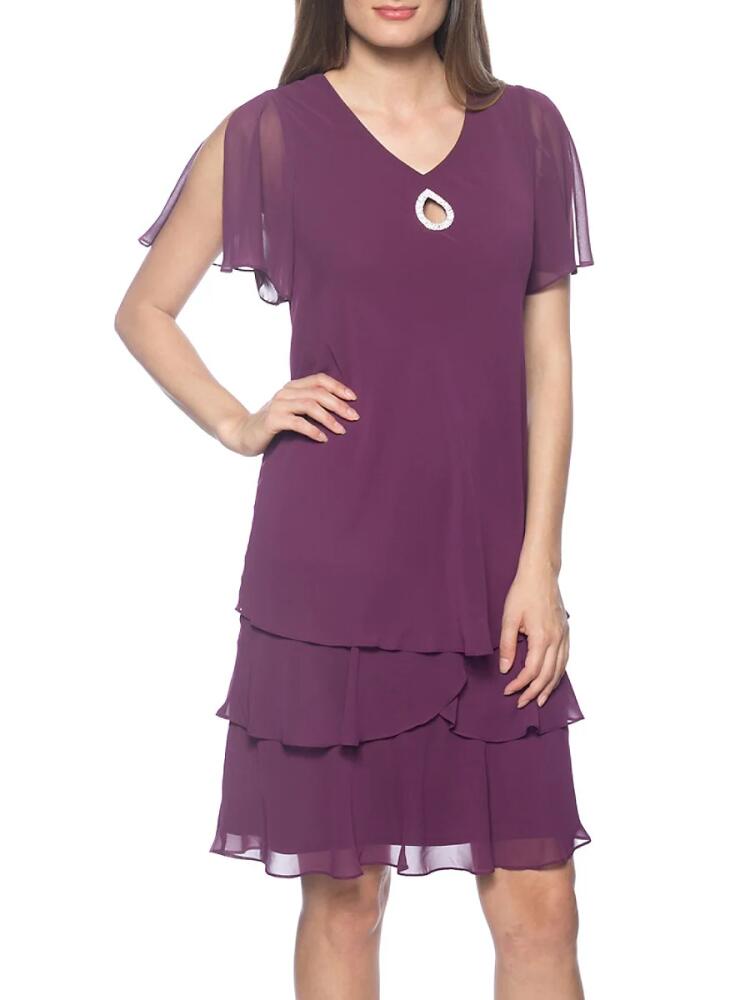 Marina Women's Flutter Sleeve Tiered Shift Dress - Plum Cover