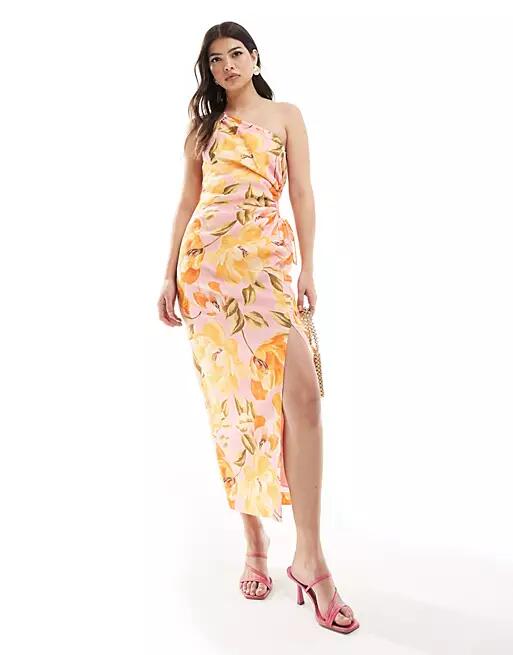 Ever New asymmetric cut-out waist midi dress in yellow floral-Multi Cover