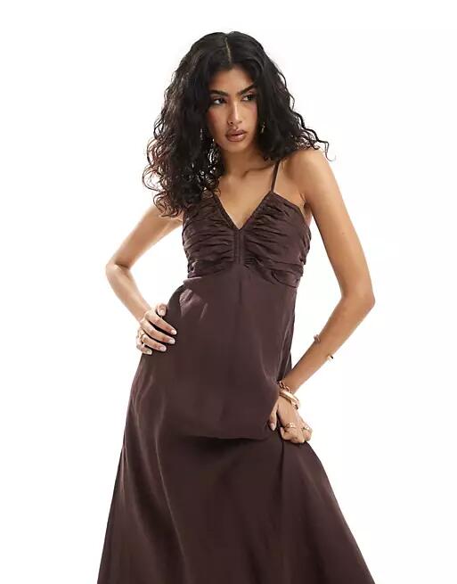 Ever New ruched bust detail midi dress in brown Cover