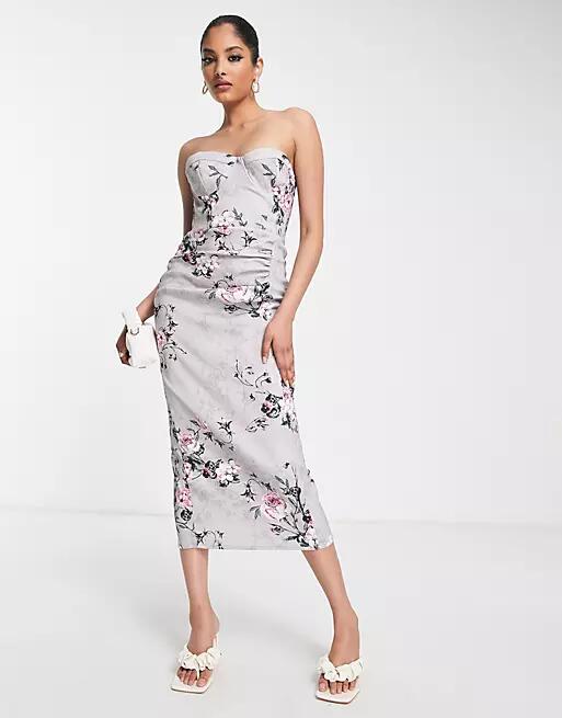 True Violet corset bandeau midi dress in silver and pink floral print-Neutral Cover