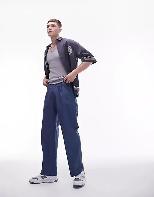 Topman smart compact cotton wide leg pants in navy Cover