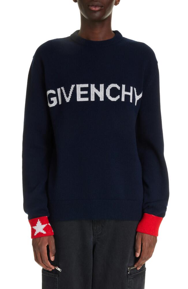 Givenchy Logo Intarsia Crewneck Sweater in Navy/Red Cover