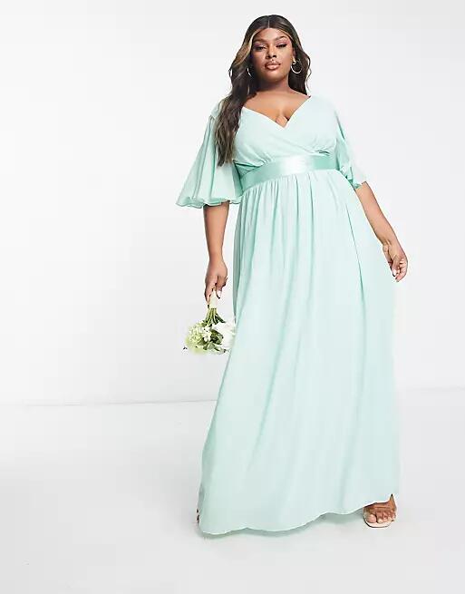 TFNC Plus Bridesmaid kimono sleeve pleated maxi dress with angel sleeve in fresh sage-Green Cover