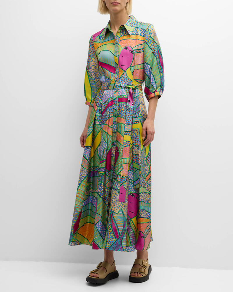 Gabriela Hearst Andy Abstract-Print 3/4-Sleeve Belted Silk Maxi Shirtdress Cover