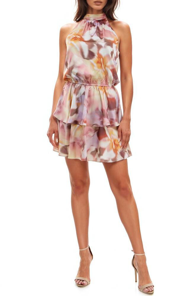 Socialite Tiered Halter Satin Minidress in Blurred Multi Floral Cover