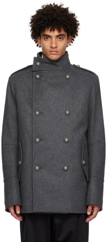 Balmain Gray Officer Coat Cover