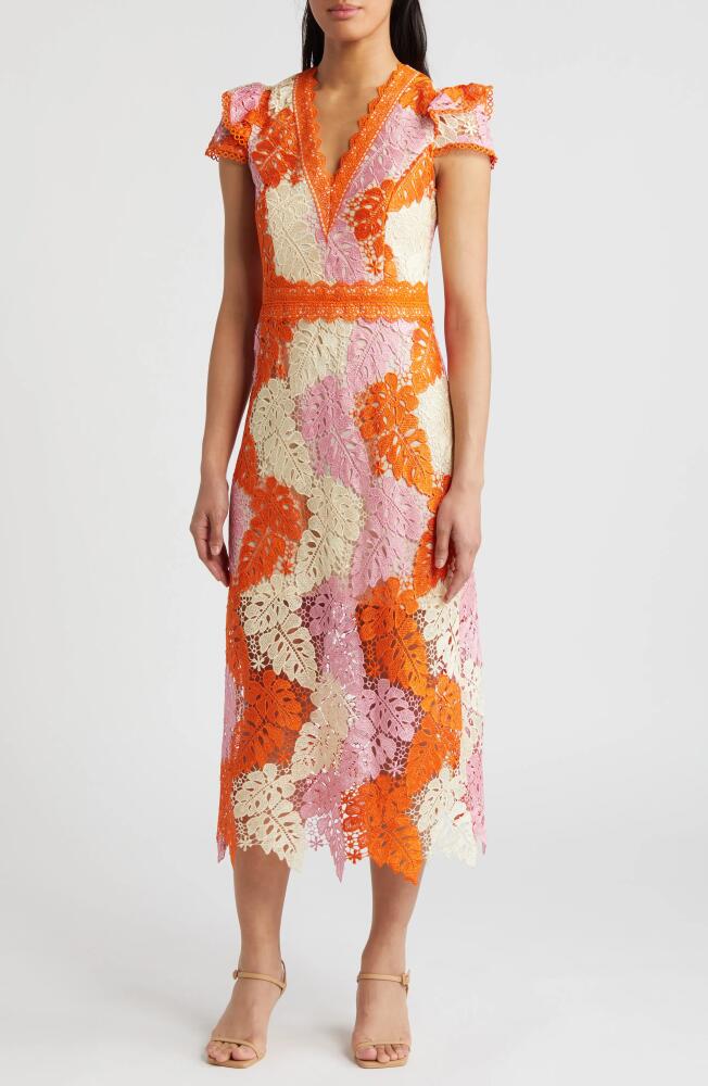 Adelyn Rae Adeline Palm Lace Midi Dress in Orange/Pink/Cream Cover