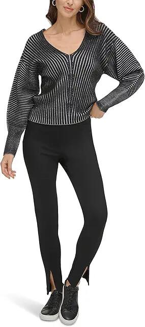 DKNY Long Sleeve V-Neck Transfer Rib (Ivory/Black) Women's Clothing Cover