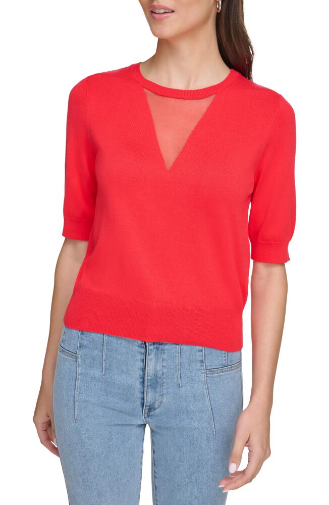 DKNY Sheer Mesh Illusion V-Neck Sweater in Flame Cover