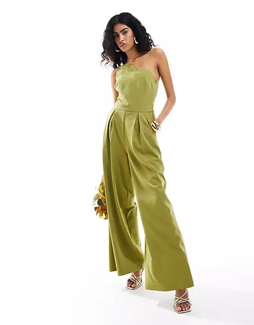 Pretty Lavish one shoulder jumpsuit with pockets in olive-White Cover