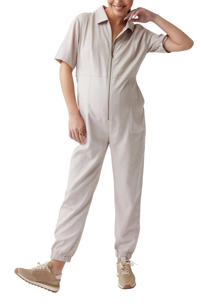 Ingrid & Isabel Utility Twill Maternity Jumpsuit in Stone Cover