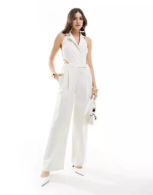 Pretty Lavish linen look pinstripe jumpsuit in cream-White Cover