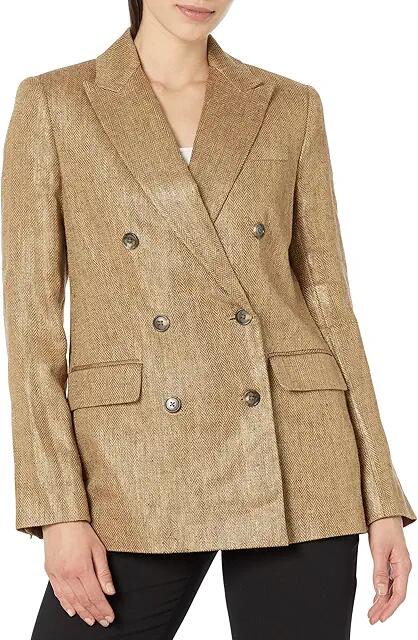 Lauren Ralph Lauren Foil-Print Linen Herringbone Blazer (Tan/Bronze) Women's Coat Cover