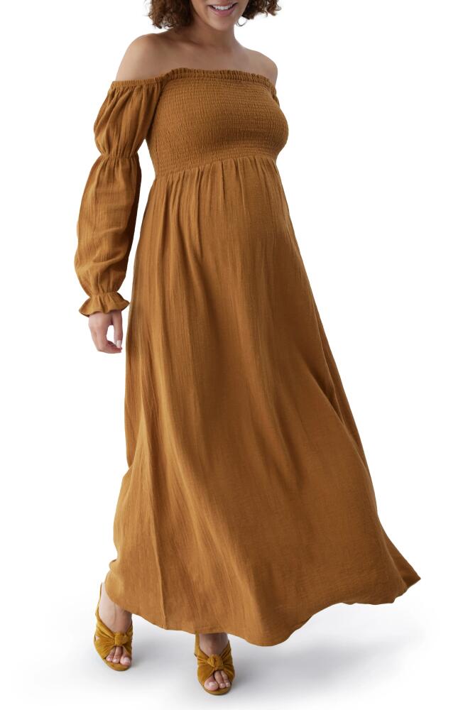 Ingrid & Isabel The Dream Off the Shoulder Long Sleeve Cotton Maternity Midi Dress in Golden Brown Cover