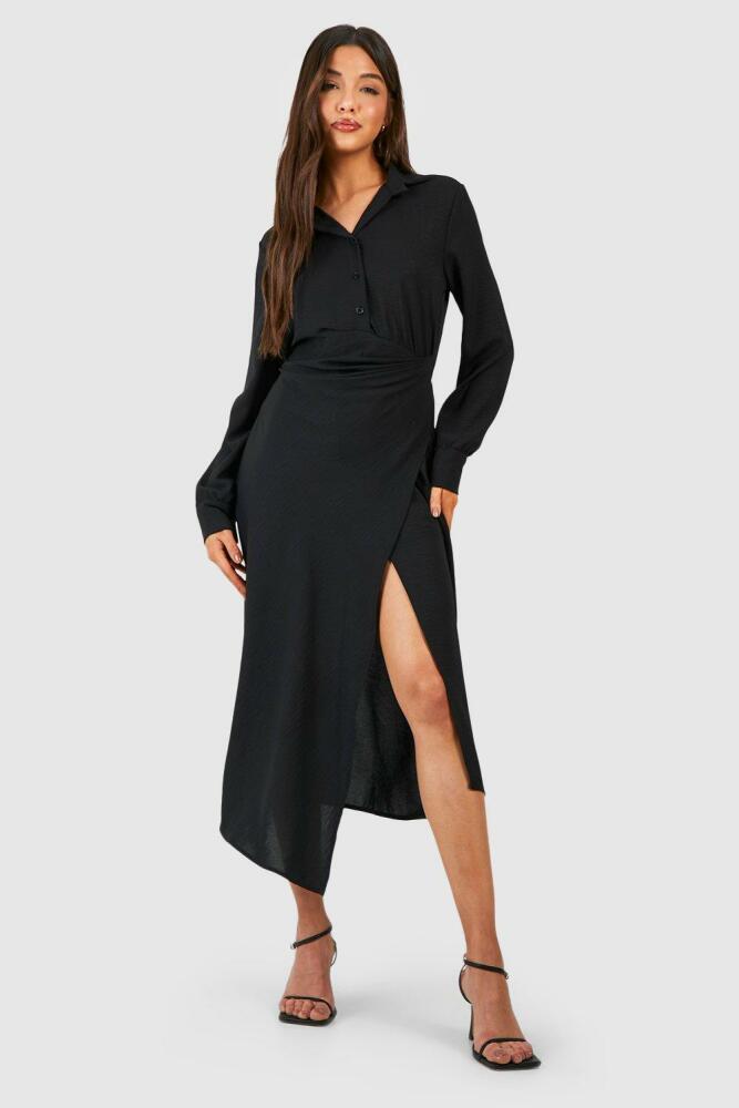 boohoo Womens Hammered Wrap Front Ruched Side Shirt Dress - Black Cover