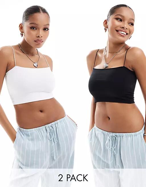 Pull & Bear 2 pack strappy ribbed tube crop top in white & black Cover