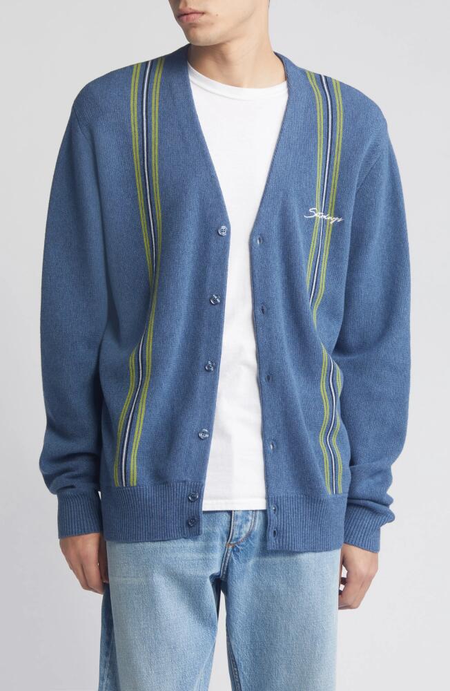 Saturdays NYC Michael Vertical Stripe Wool & Cotton Cardigan in Coronet Blue Cover