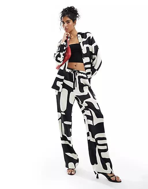 4th & Reckless satin drawstring wide leg pants in mono print - part of a set-Multi Cover