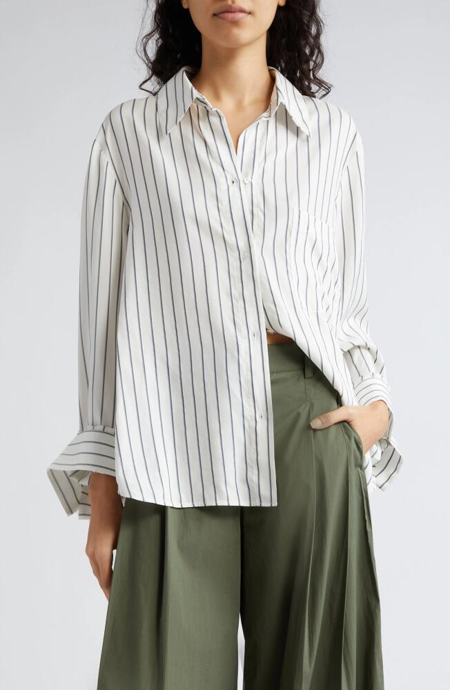 TWP New Morning After Stripe Silk Button-Up Shirt in White /Grey /Black Cover