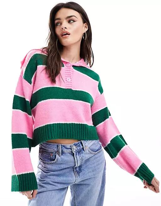 ASOS DESIGN sweater with button collar in pink and green stripe-Multi Cover