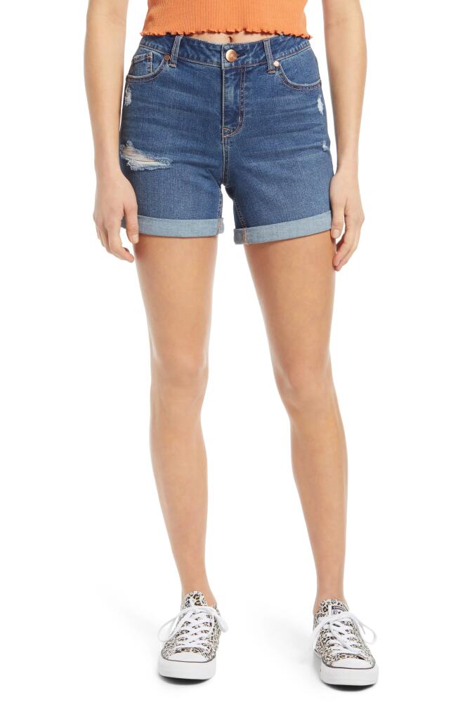 1822 Denim Distressed Roll Hem Denim Shorts in Leora Cover