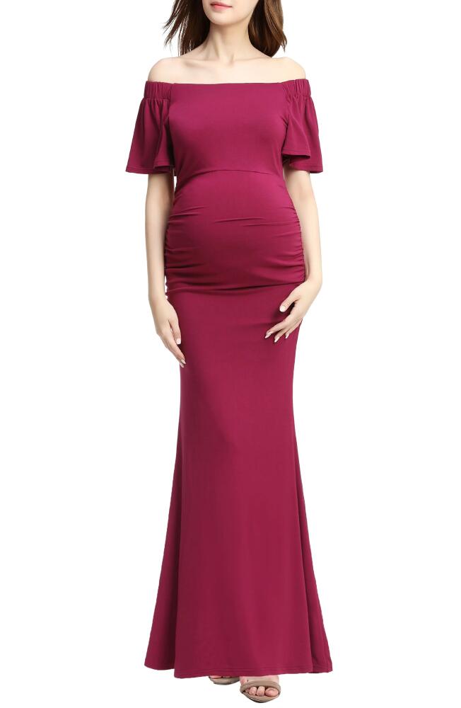 Kimi and Kai Abigail Off the Shoulder Maternity Trumpet Gown in Berry Cover