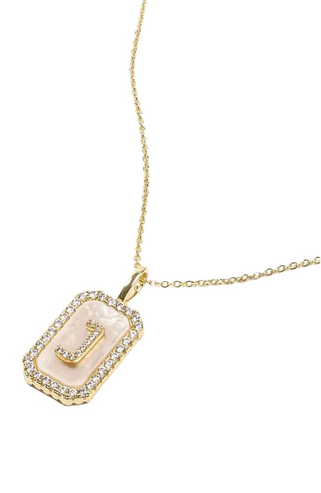 Melinda Maria Love Letters Double Sided Mother-of-Pearl Initial Pendant Necklace in White Cubic Zirconia/Gold - J Cover