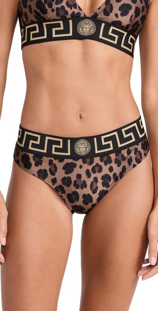 Versace Swim Slip Rodi Lycra Leopard All Over Print Bikini Bottoms 5N440-Chestnut/Gold Cover