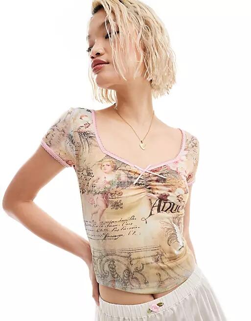 Reclaimed Vintage ruched front cap sleeve tee in Renaissance print-Multi Cover