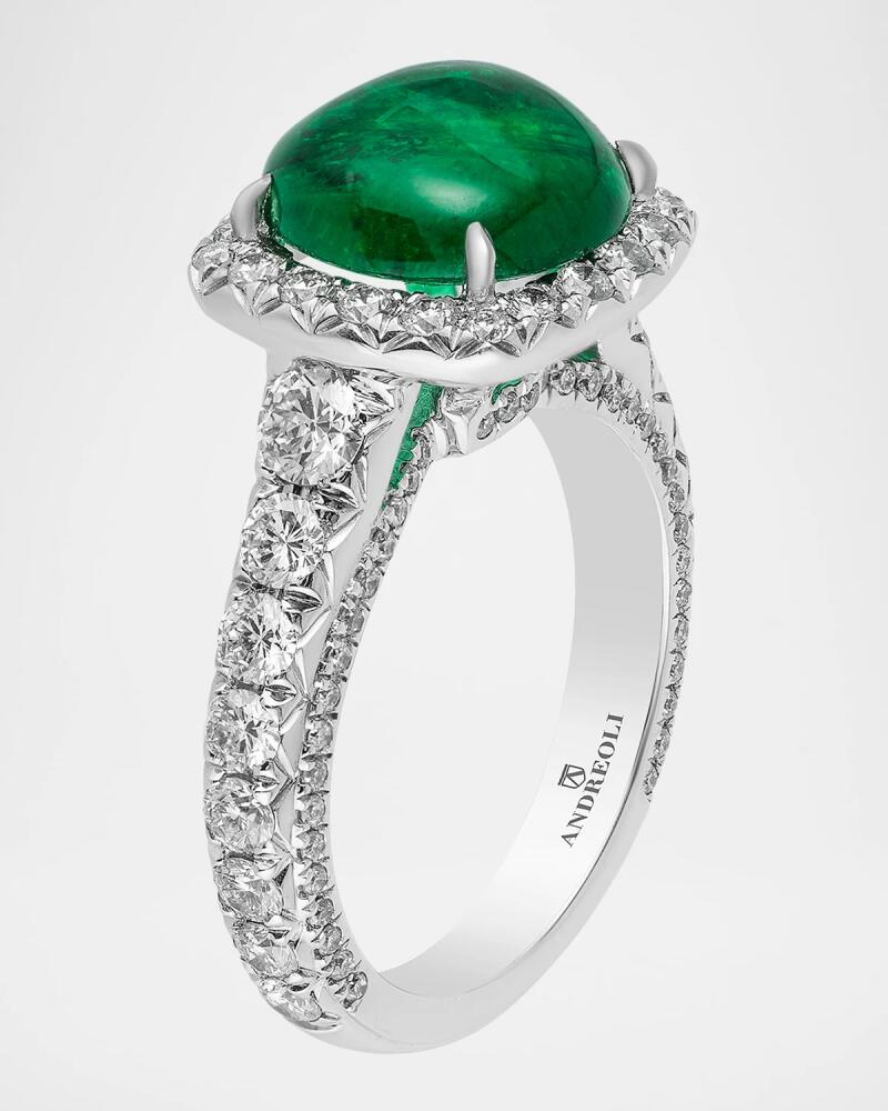 Andreoli 18K White Gold Round Emerald Cabochon Ring with Diamonds Cover