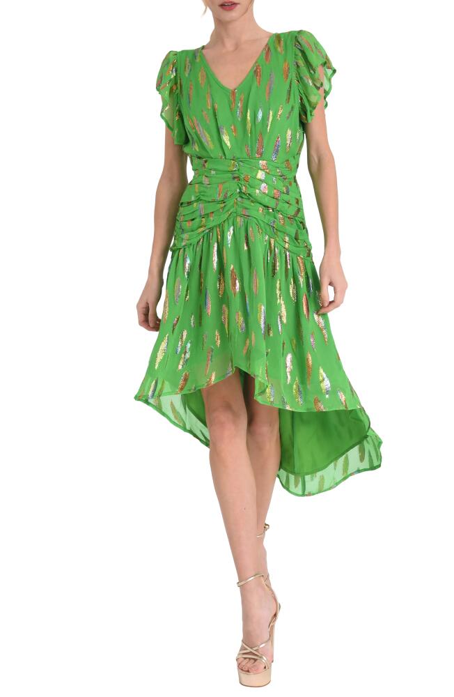 CIEBON Palmina Metallic Leaf Print High-Low Dress in Green Cover