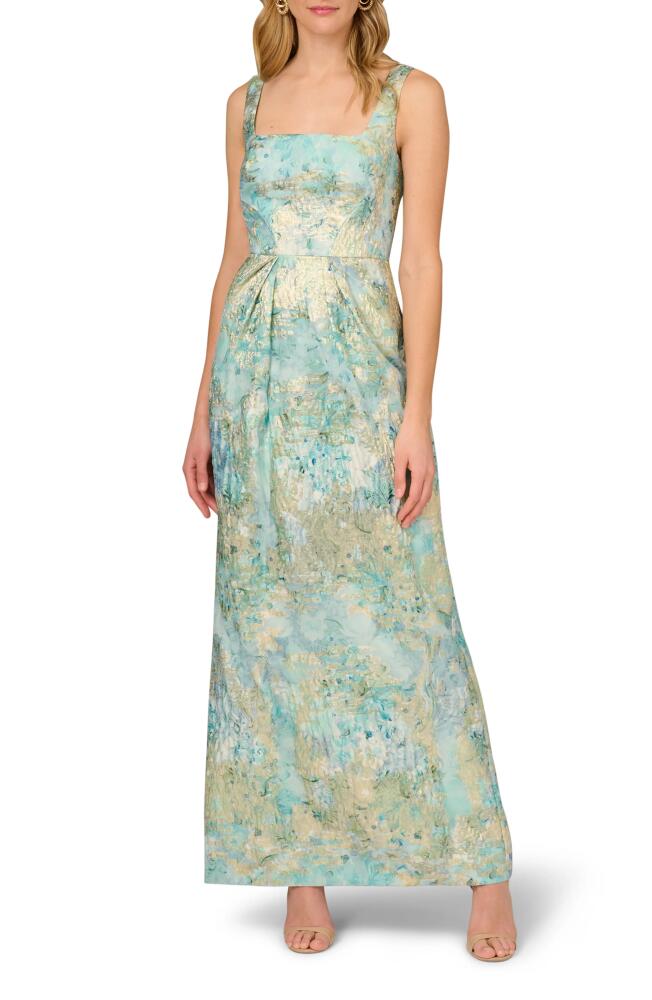 Aidan Mattox by Adrianna Papell Floral Metallic Jacquard Column Gown in Green Multi Cover