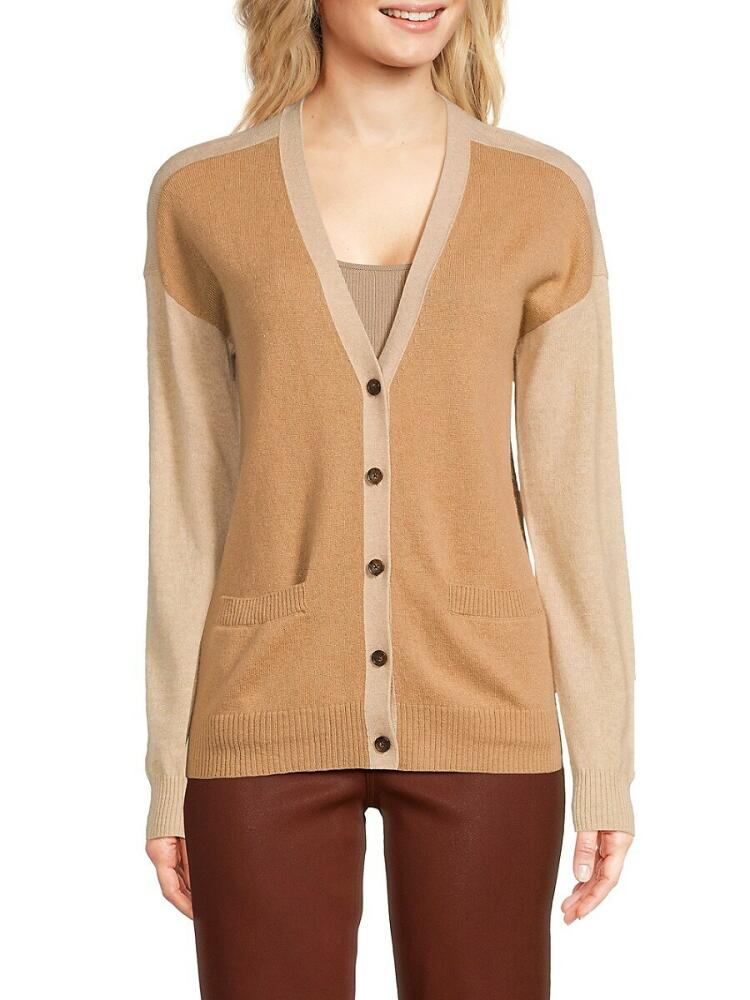 Amicale Women's Cashmere Colorblock Cardigan - Camel Oat Cover